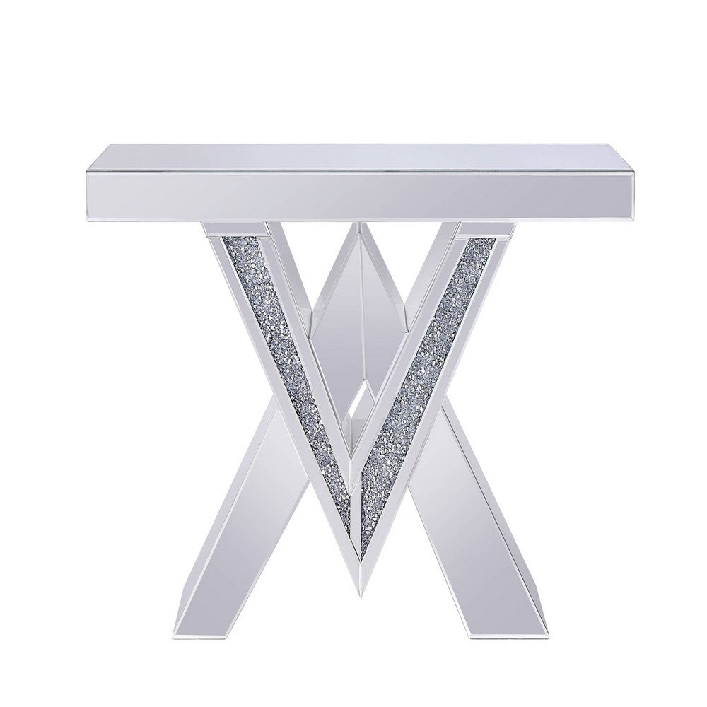 Benjara Wood And Mirror Console Table with Interlocking V Shape Base, Clear