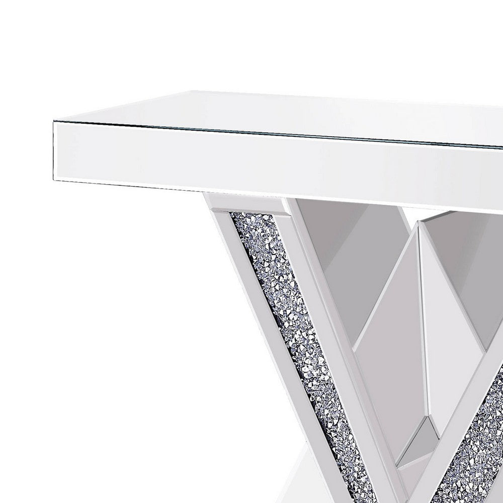 Benjara Wood And Mirror Console Table with Interlocking V Shape Base, Clear