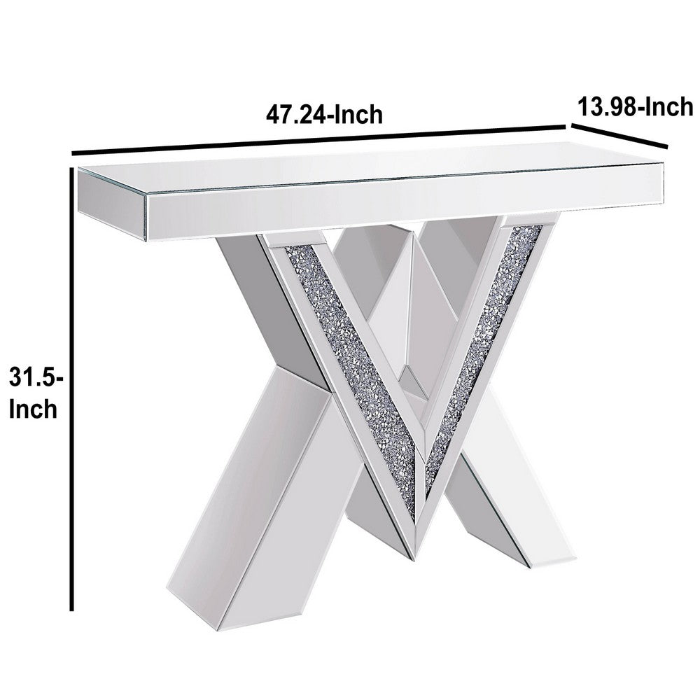 Benjara Wood And Mirror Console Table with Interlocking V Shape Base, Clear