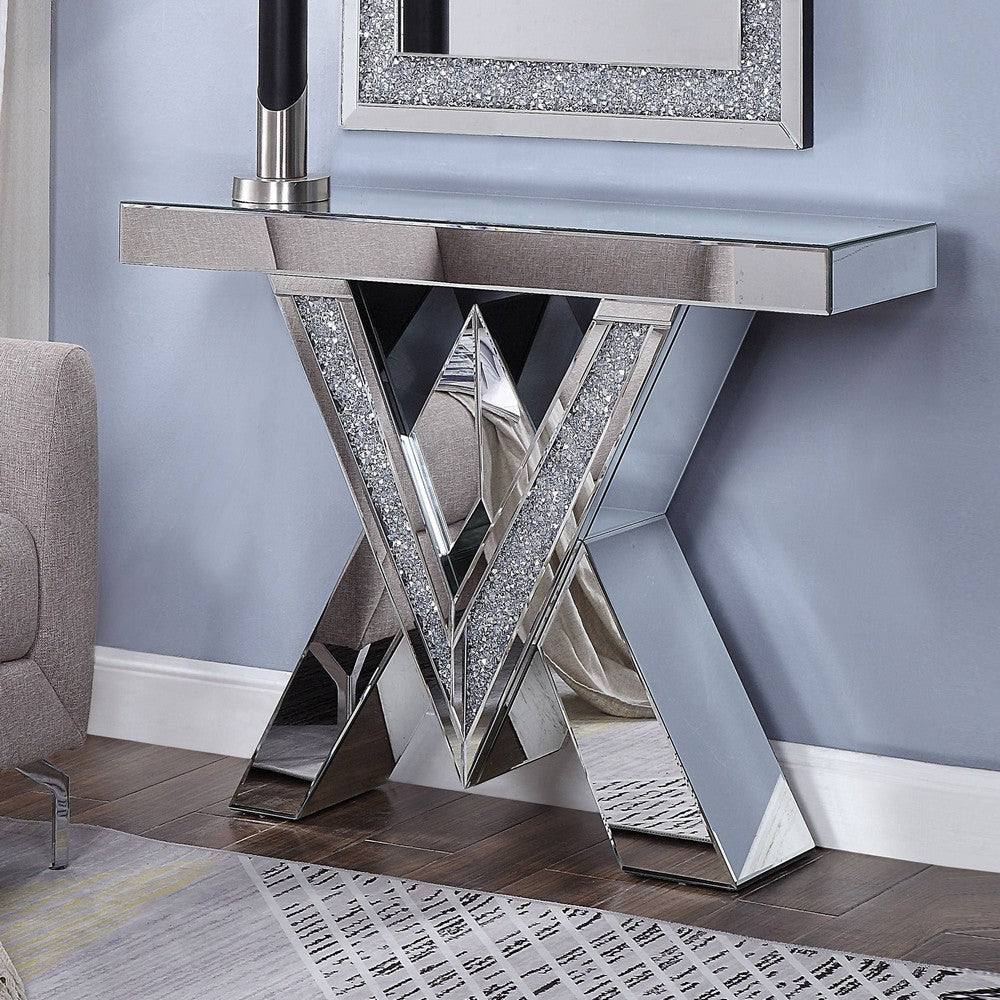Benjara Wood And Mirror Console Table with Interlocking V Shape Base, Clear