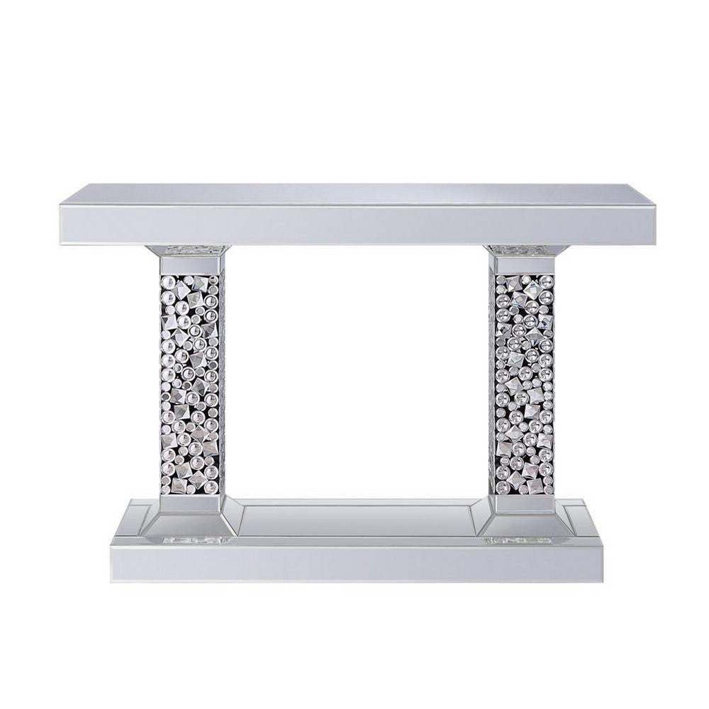Benjara Wood And Mirror Console Table with Two Pedestal Base, Clear And Black