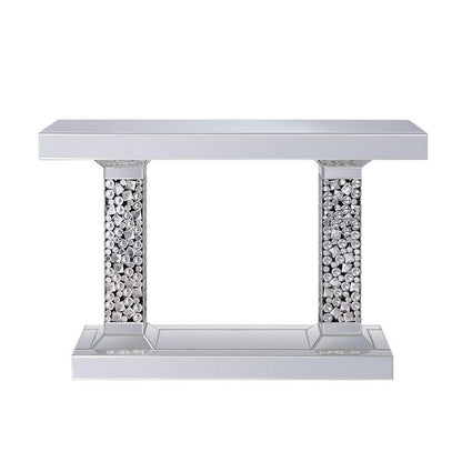 Benjara Wood And Mirror Console Table with Two Pedestal Base, Clear And Black