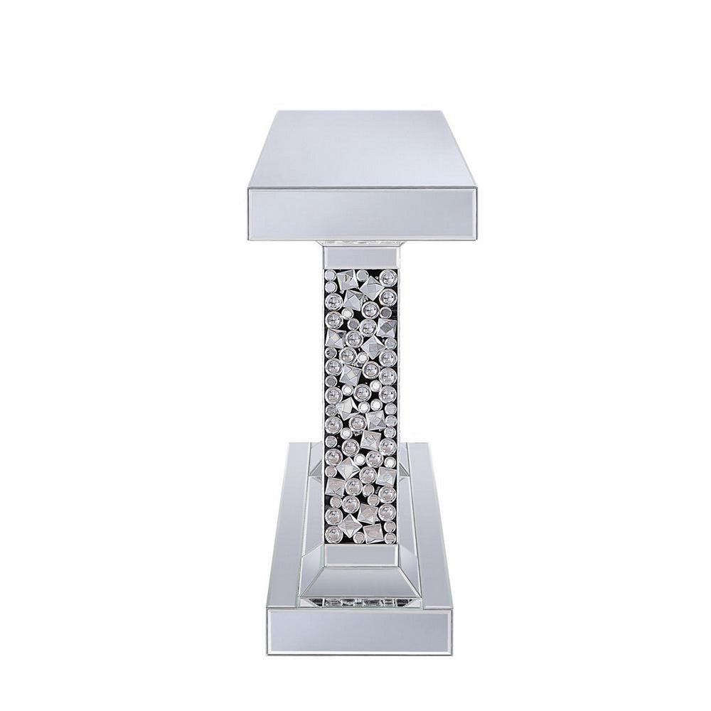 Benjara Wood And Mirror Console Table with Two Pedestal Base, Clear And Black