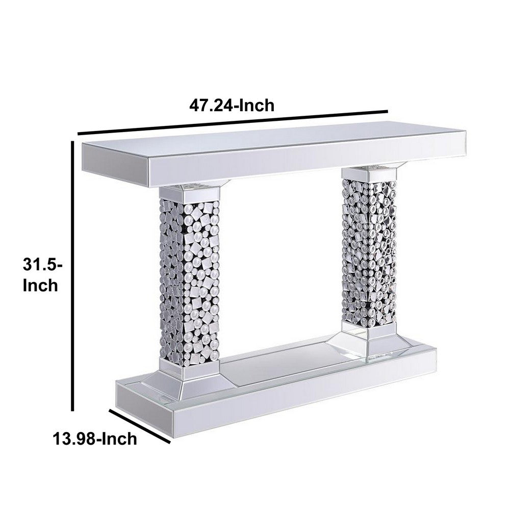 Benjara Wood And Mirror Console Table with Two Pedestal Base, Clear And Black