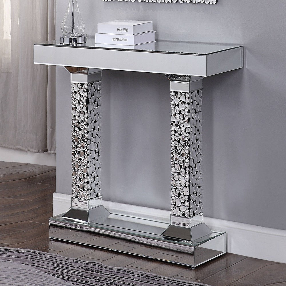Benjara Wood And Mirror Console Table with Two Pedestal Base, Clear And Black