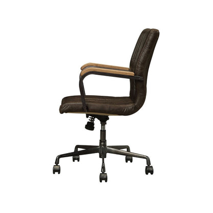 Benzara Leatherette Upholstered Metal Swivel Executive Chair with Curved Wooden Armrest, Brown And Black
