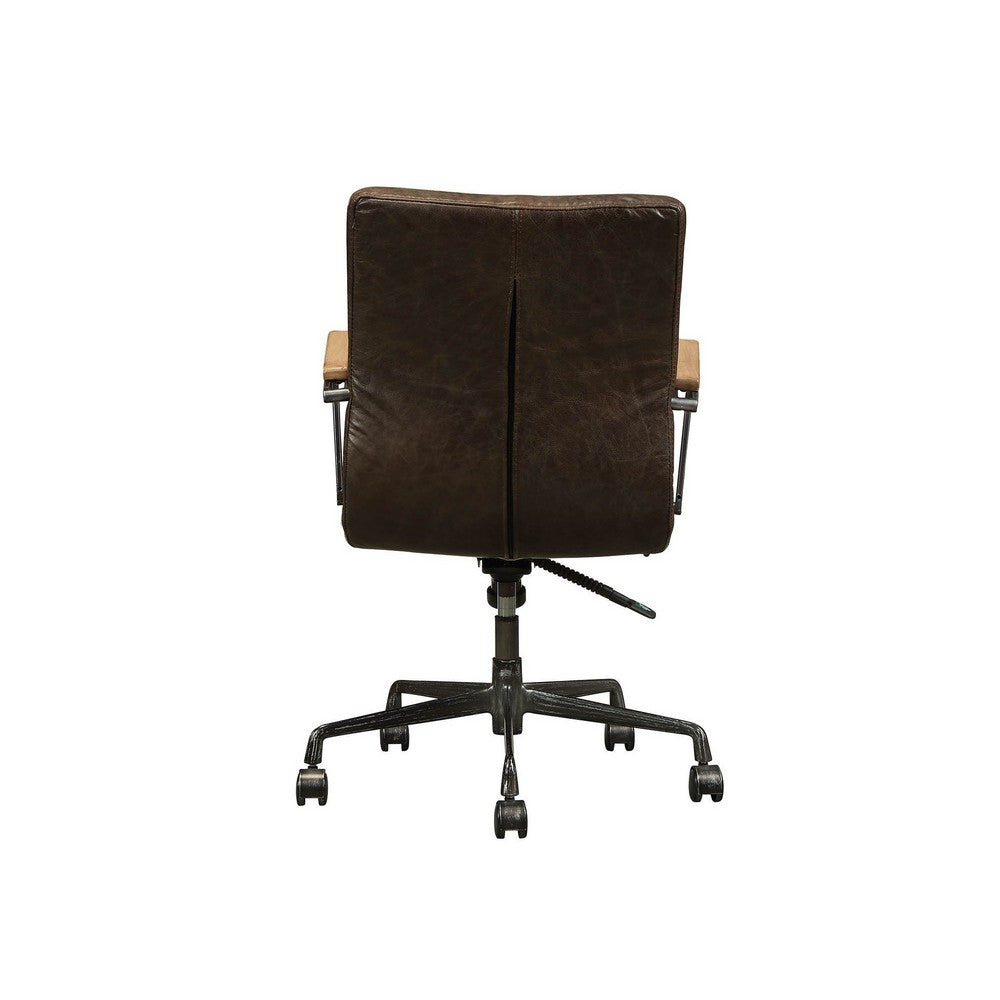 Benzara Leatherette Upholstered Metal Swivel Executive Chair with Curved Wooden Armrest, Brown And Black