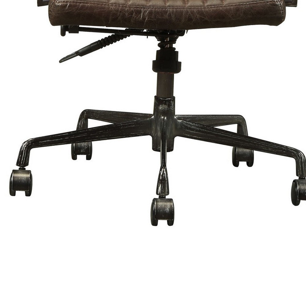 Benzara Leatherette Upholstered Metal Swivel Executive Chair with Curved Wooden Armrest, Brown And Black