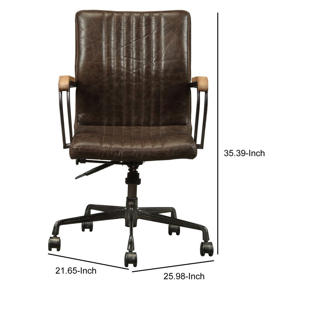 Benzara Leatherette Upholstered Metal Swivel Executive Chair with Curved Wooden Armrest, Brown And Black