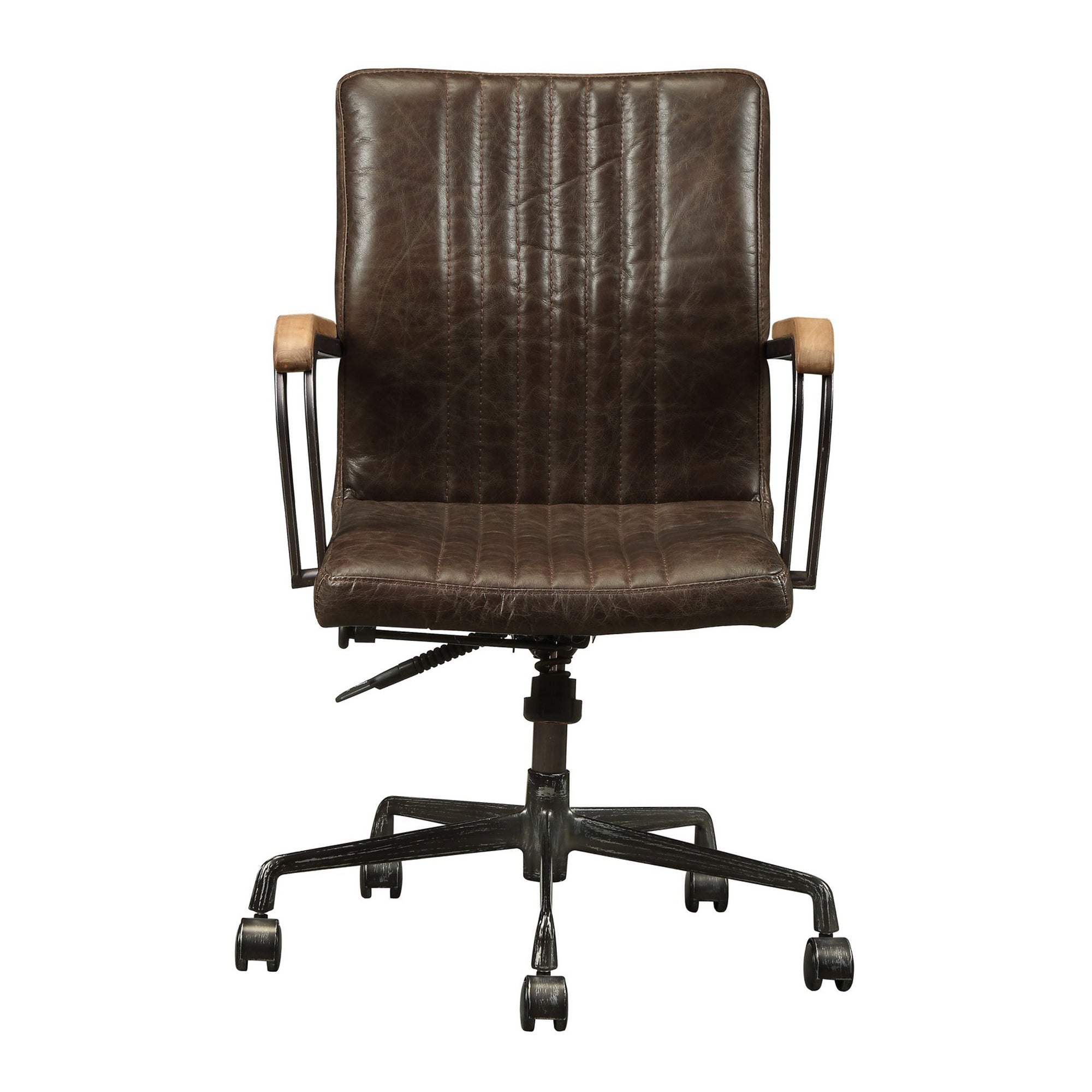 Benzara Leatherette Upholstered Metal Swivel Executive Chair with Curved Wooden Armrest, Brown And Black