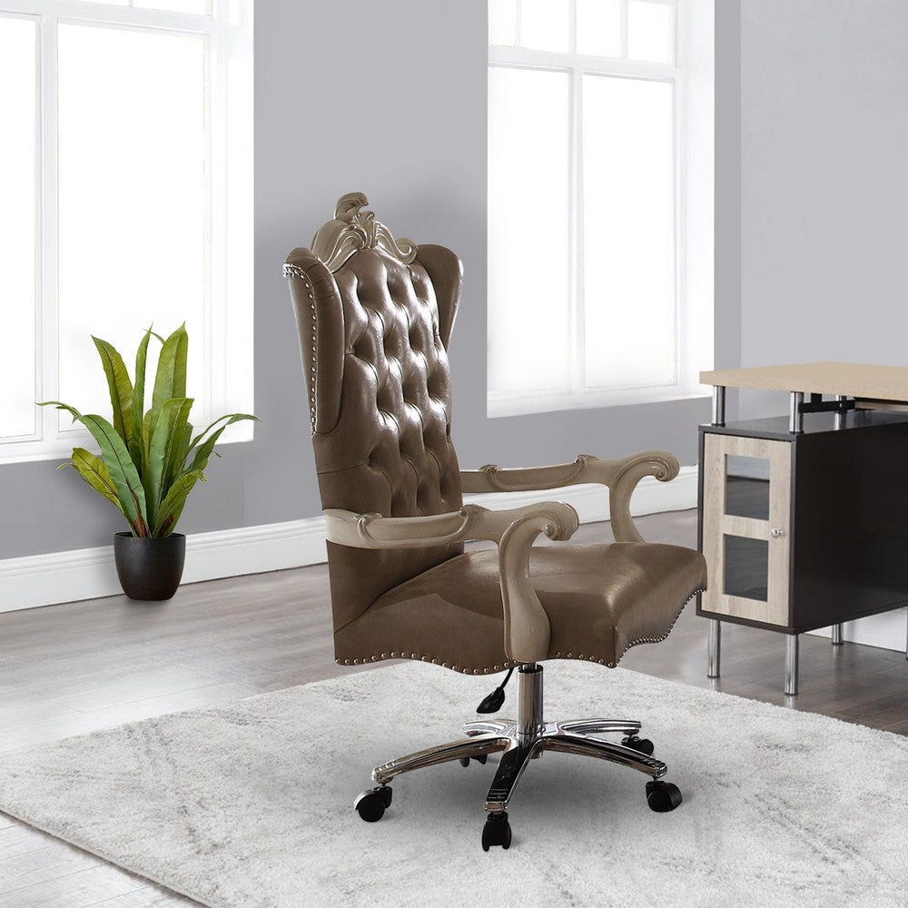 ACME Leather Upholstered Executive Chair With Lift in Brown And Bone White Finish