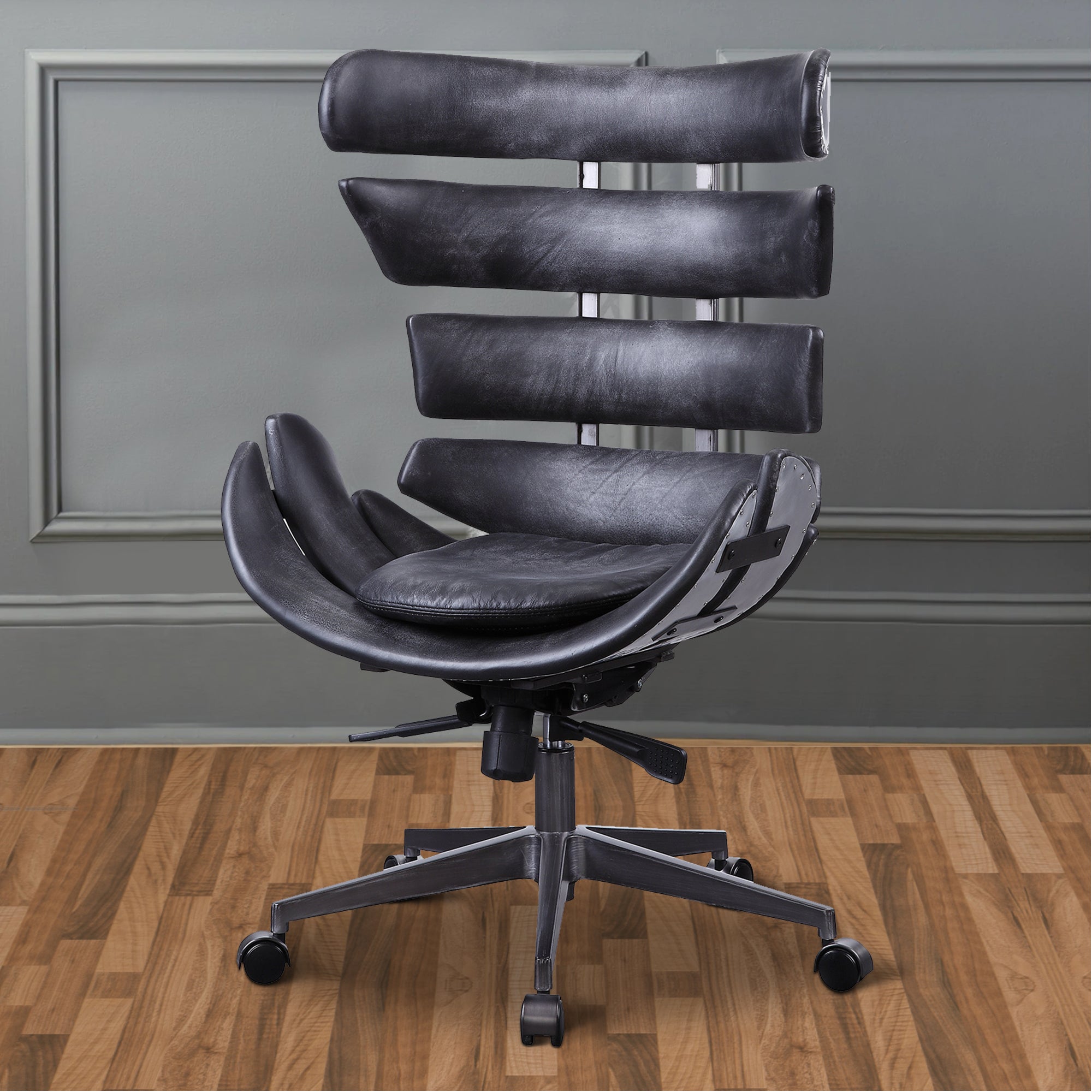 Benzara Metal Framed Wingback Office Chair with Leatherette Upholstered Horizontal Panels, Black And Gray