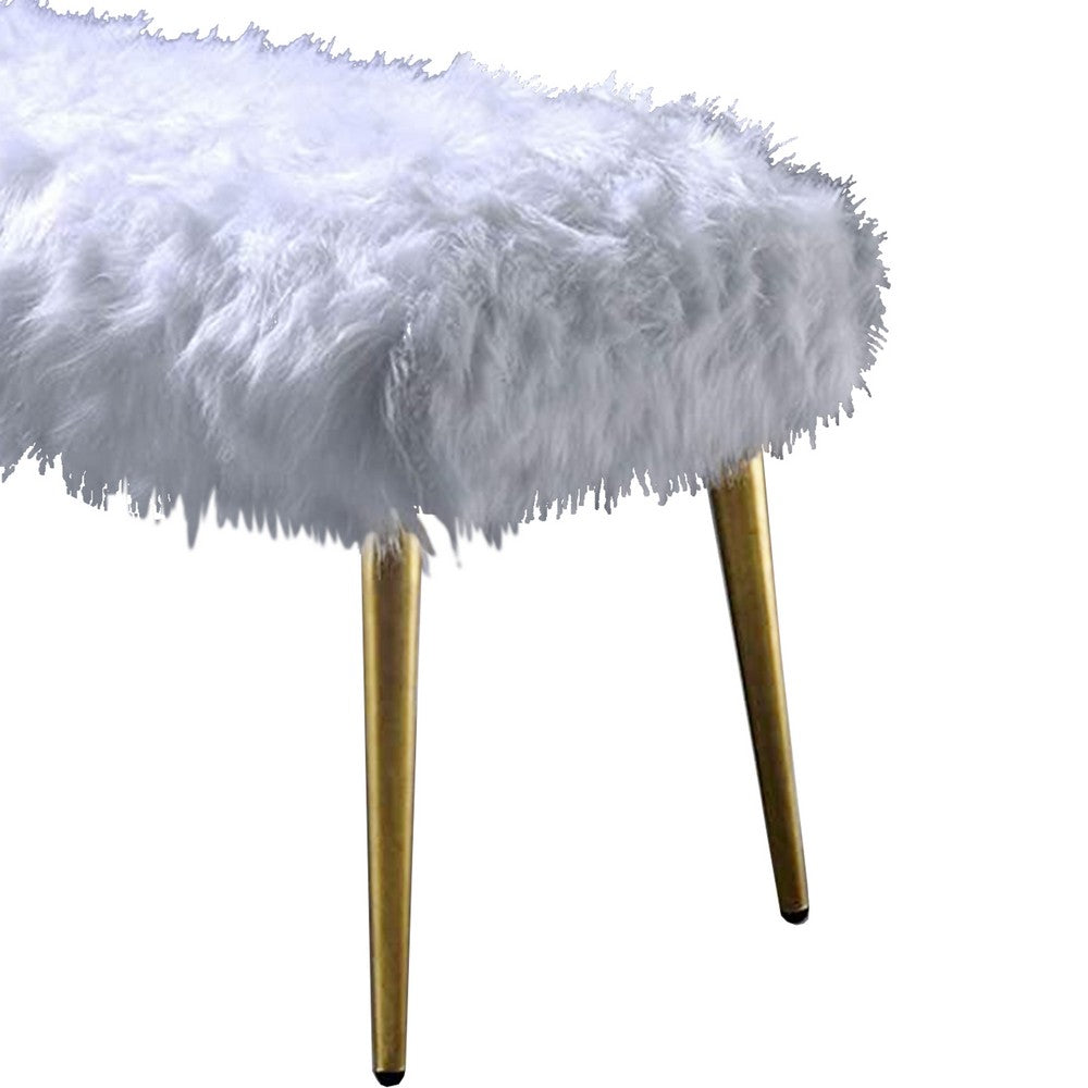 Benjara Modern Style Faux Fur Upholstered Metal Bench with Tapered Legs, White And Gold
