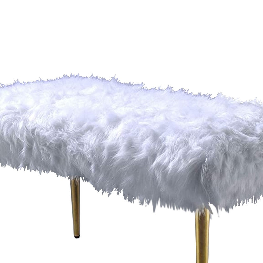 Benjara Modern Style Faux Fur Upholstered Metal Bench with Tapered Legs, White And Gold
