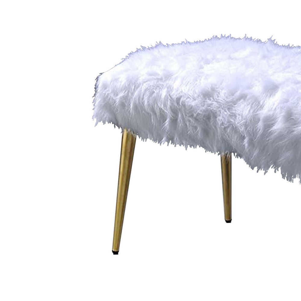 Benjara Modern Style Faux Fur Upholstered Metal Bench with Tapered Legs, White And Gold