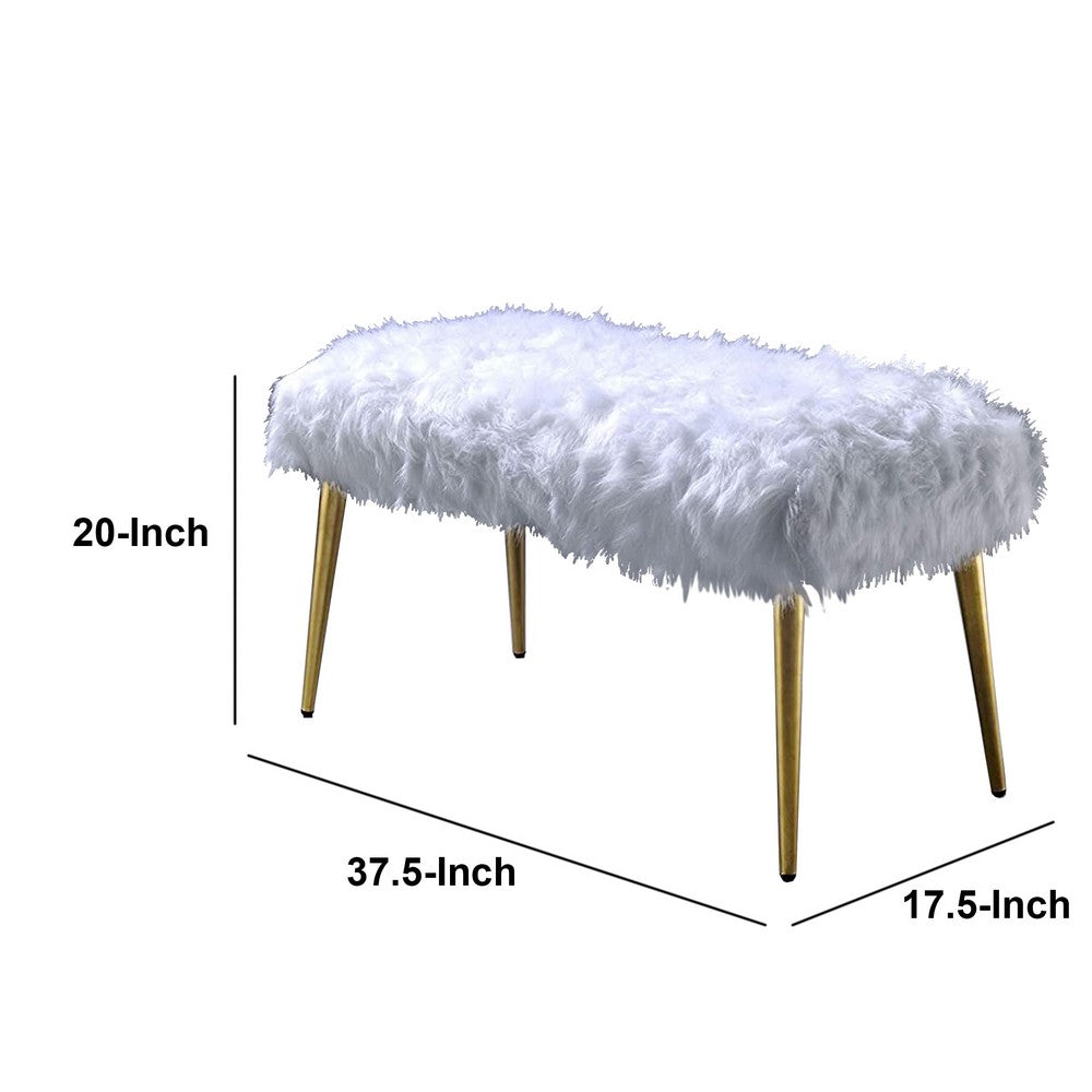 Benjara Modern Style Faux Fur Upholstered Metal Bench with Tapered Legs, White And Gold