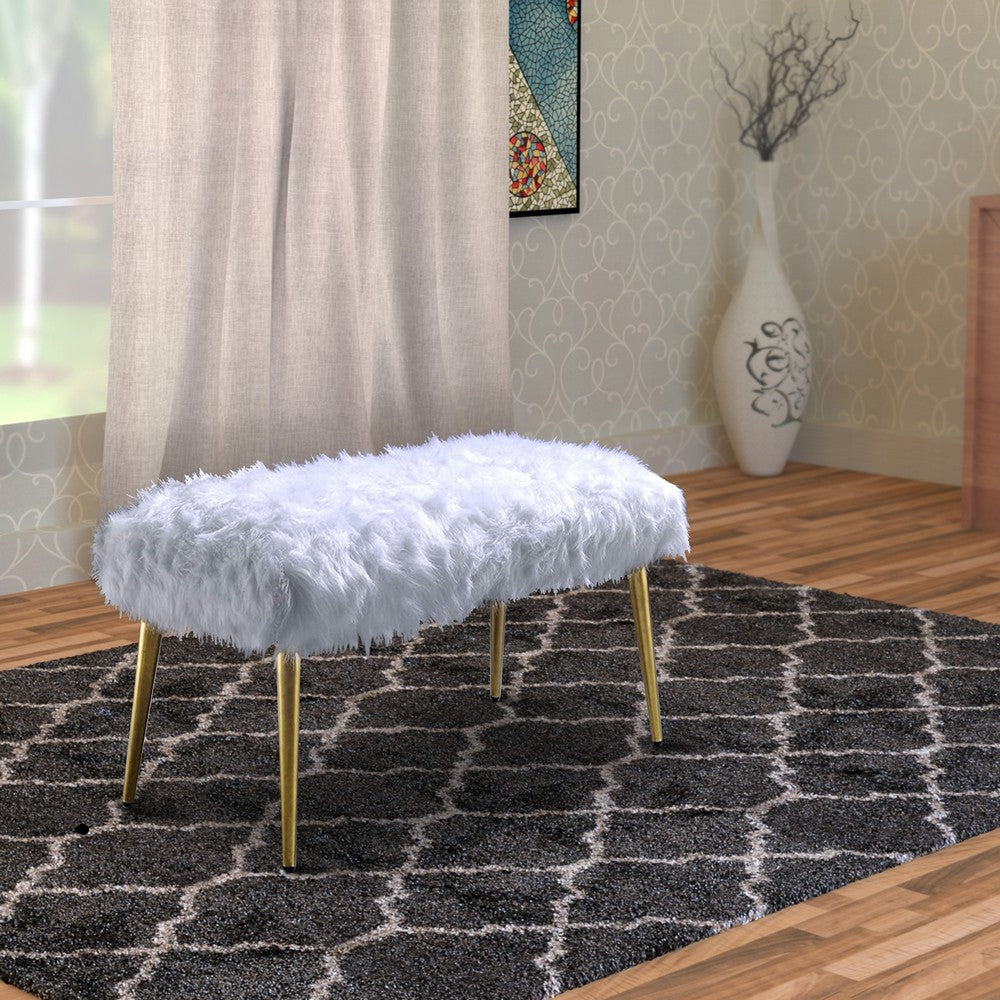 Benjara Modern Style Faux Fur Upholstered Metal Bench with Tapered Legs, White And Gold