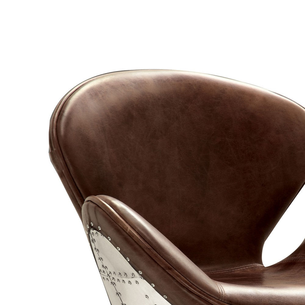 ACME Top Grain Leather Accent Chair with Swivel, Brown & Silver
