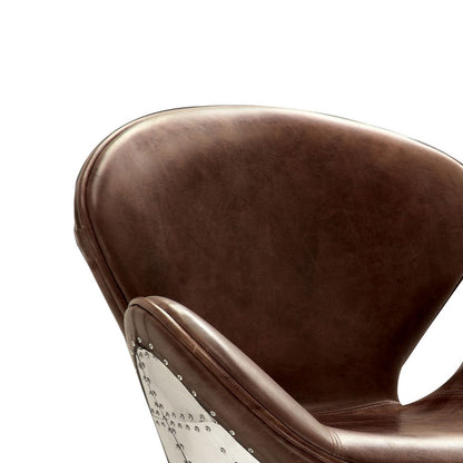 ACME Top Grain Leather Accent Chair with Swivel, Brown & Silver