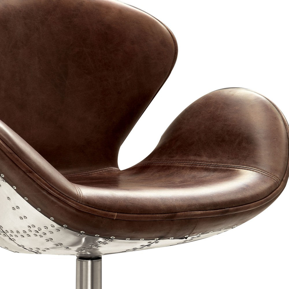 ACME Top Grain Leather Accent Chair with Swivel, Brown & Silver