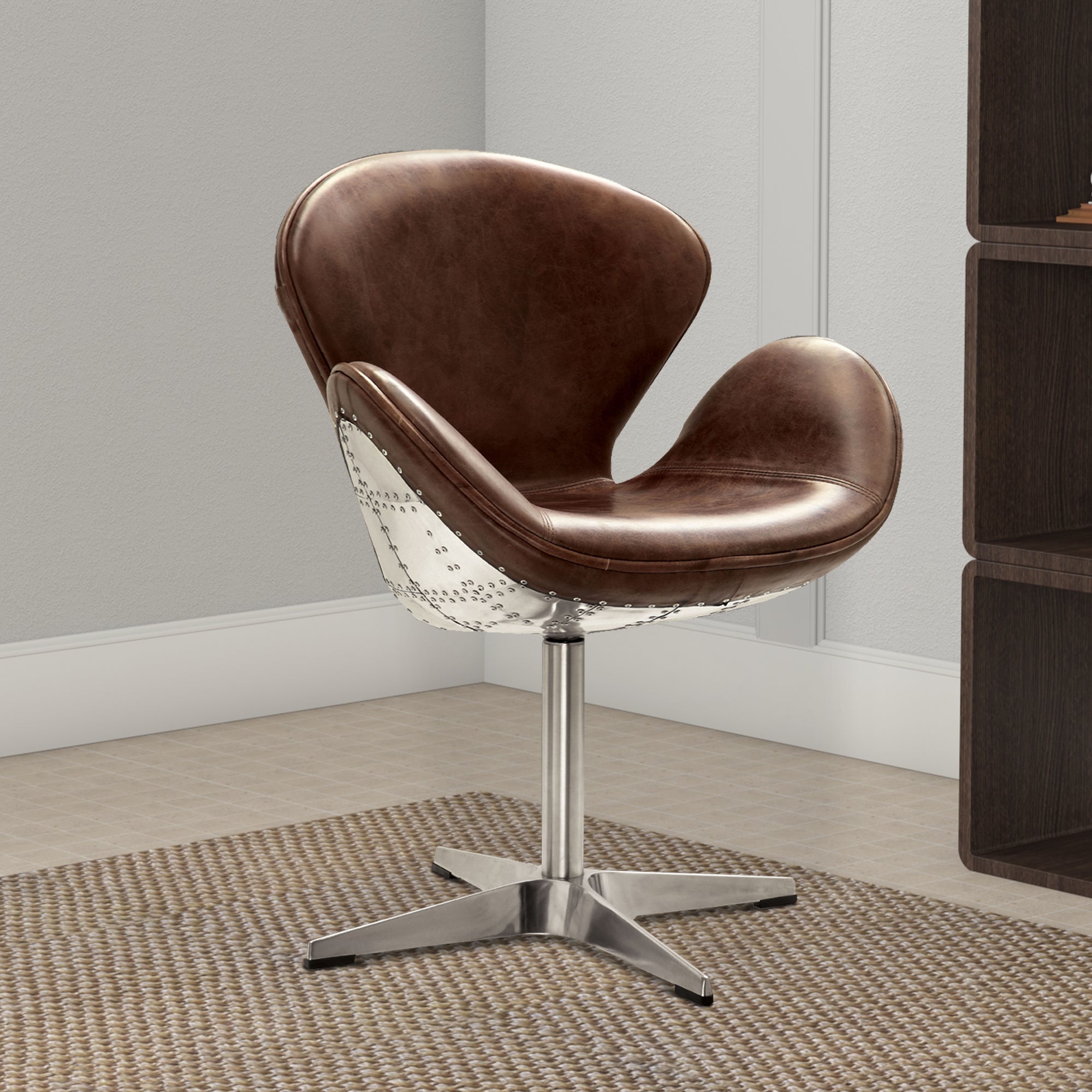 ACME Top Grain Leather Accent Chair with Swivel, Brown & Silver