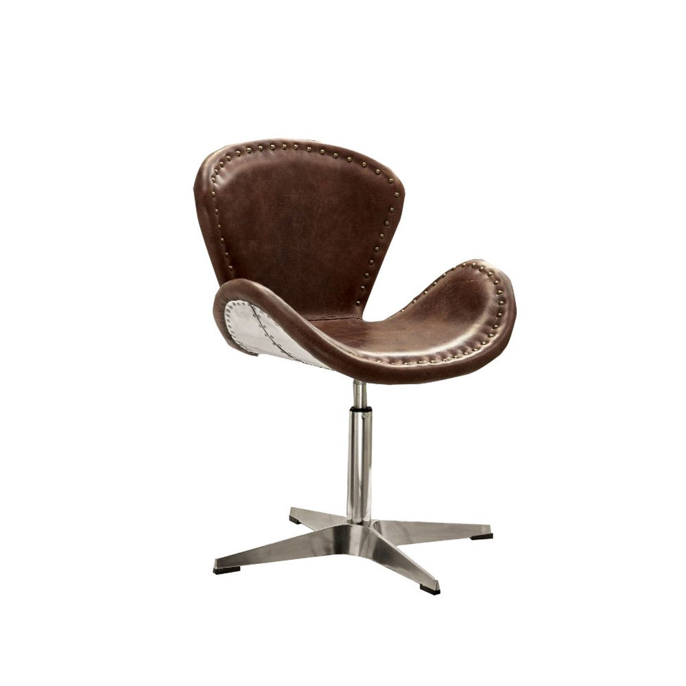 ACME Retro Top Grain Leather Accent Chair with Swivel, Brown & Silver
