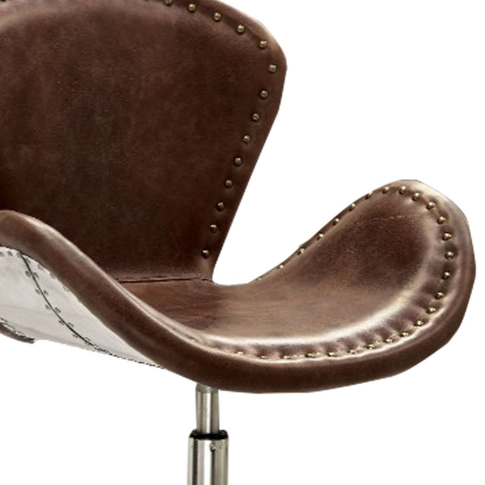 ACME Retro Top Grain Leather Accent Chair with Swivel, Brown & Silver