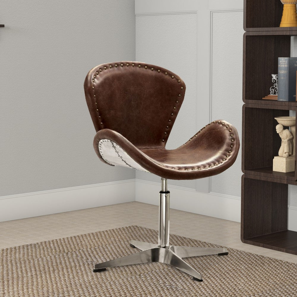 ACME Retro Top Grain Leather Accent Chair with Swivel, Brown & Silver