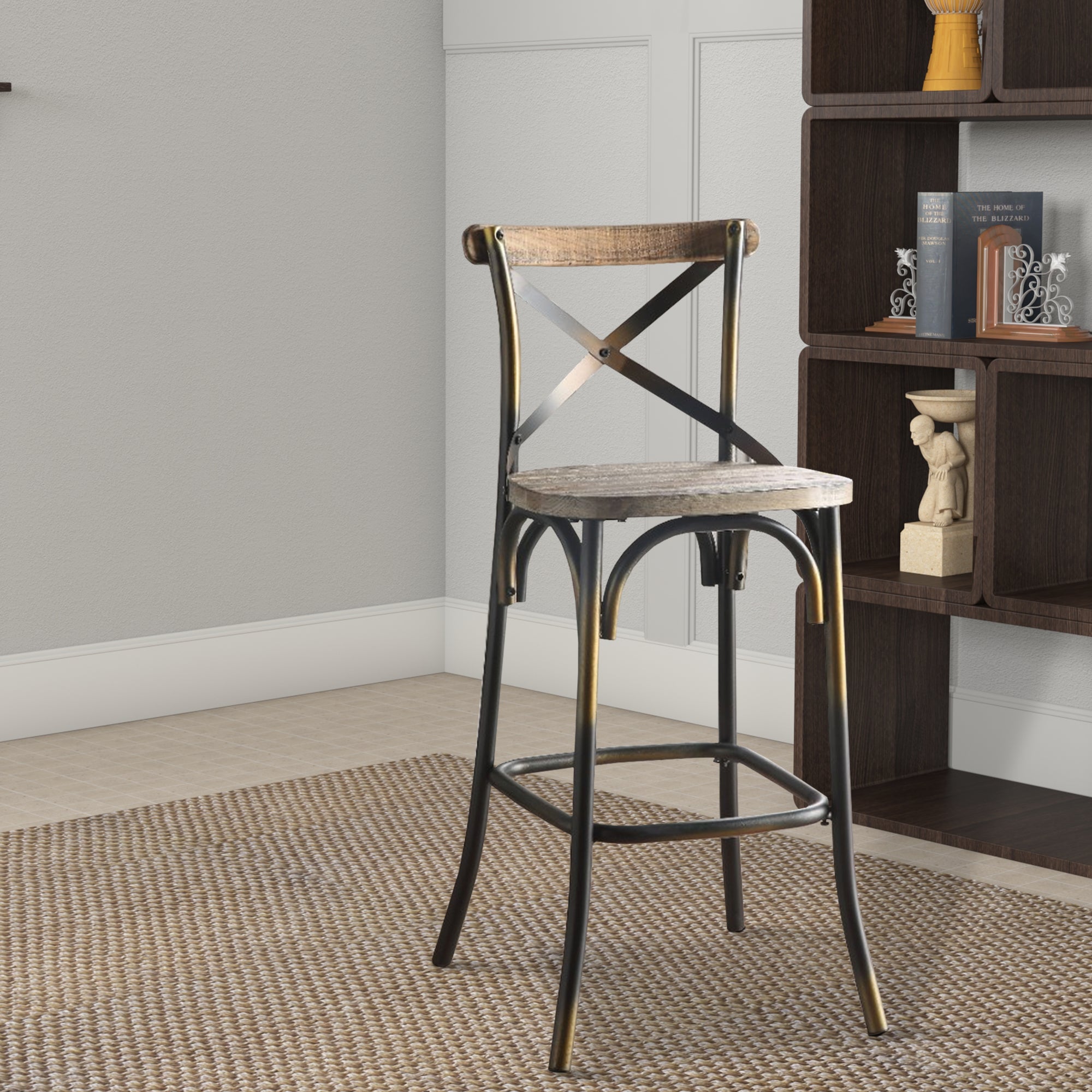 Benzara Wood & metal Bar Height Chair with X Style Panel back, Antique Copper