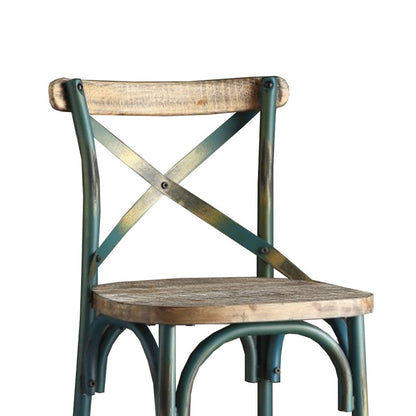 Benzara Wood & metal Bar Height Chair with X Style Panel back, Antique Sky Blue