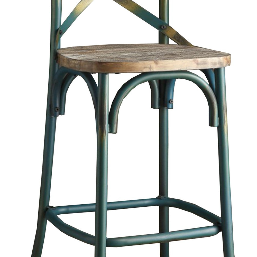 Benzara Wood & metal Bar Height Chair with X Style Panel back, Antique Sky Blue