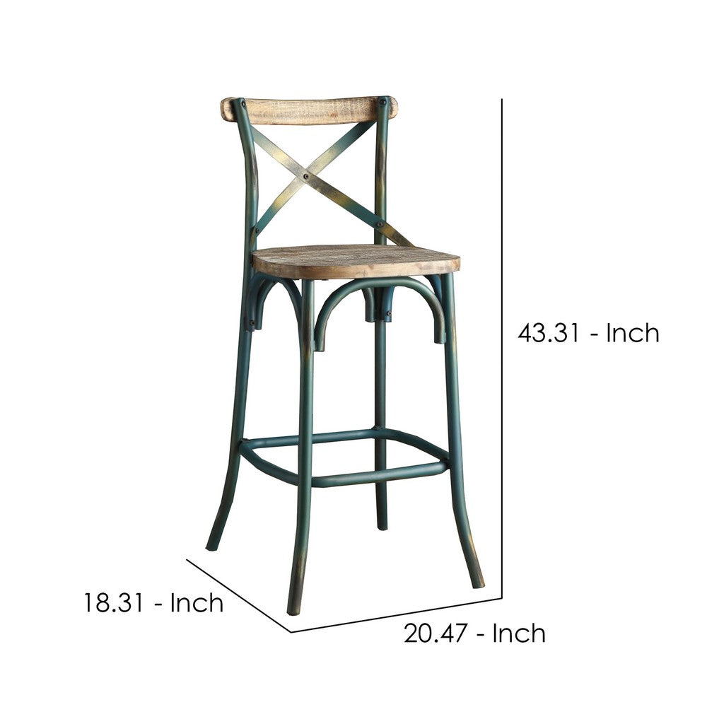 Benzara Wood & metal Bar Height Chair with X Style Panel back, Antique Sky Blue