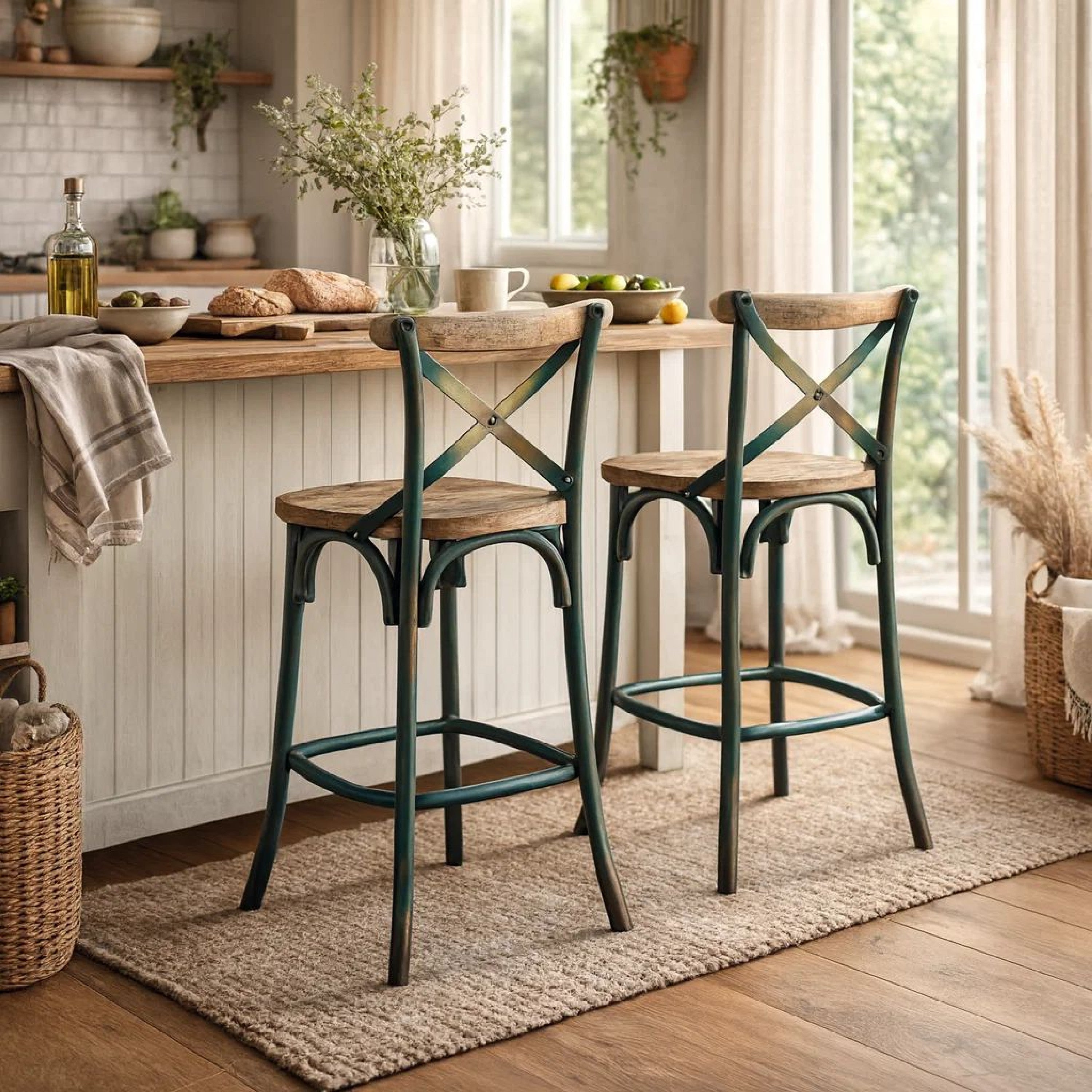 Benzara Wood & metal Bar Height Chair with X Style Panel back, Antique Sky Blue