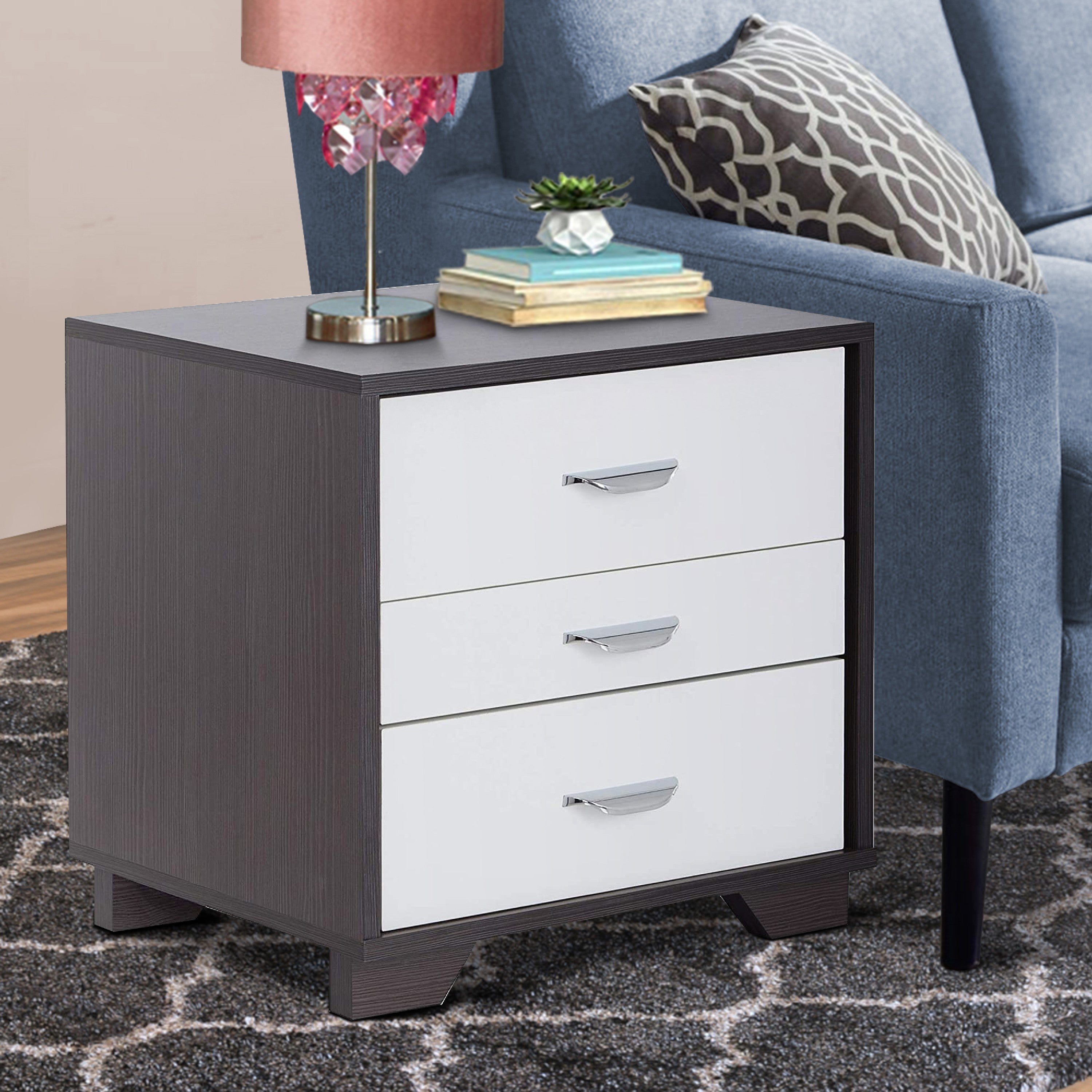 ACME Classic 3 Drawers Wood Nightstand By Eloy, White & Black