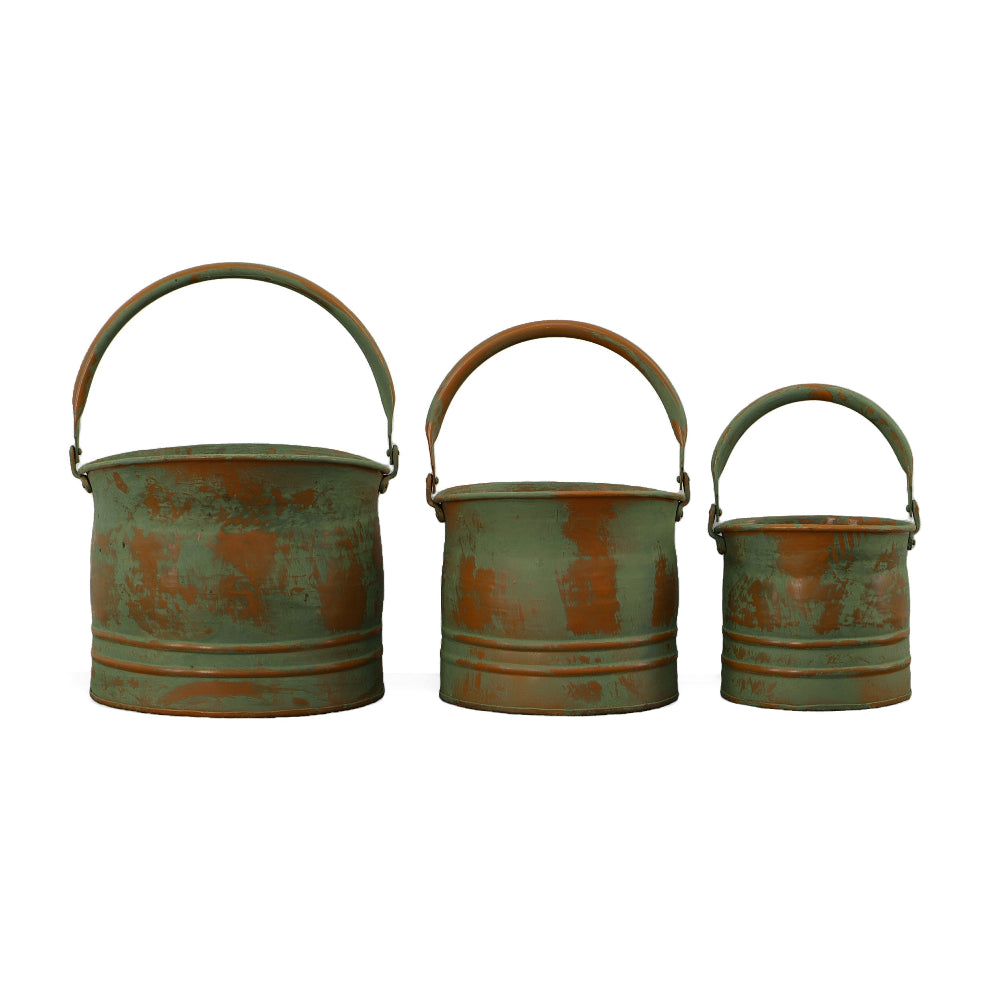 Benzara Tinged Metal Bucket Planter With Handles, Patina Rust Finish, Green, Set of 3