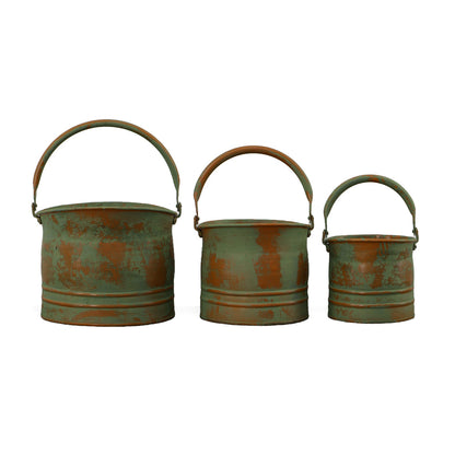 Benzara Tinged Metal Bucket Planter With Handles, Patina Rust Finish, Green, Set of 3