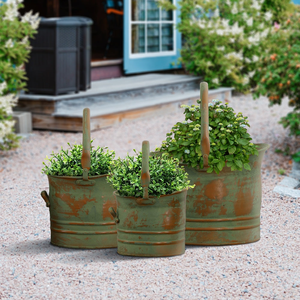 Benzara Tinged Metal Bucket Planter With Handles, Patina Rust Finish, Green, Set of 3