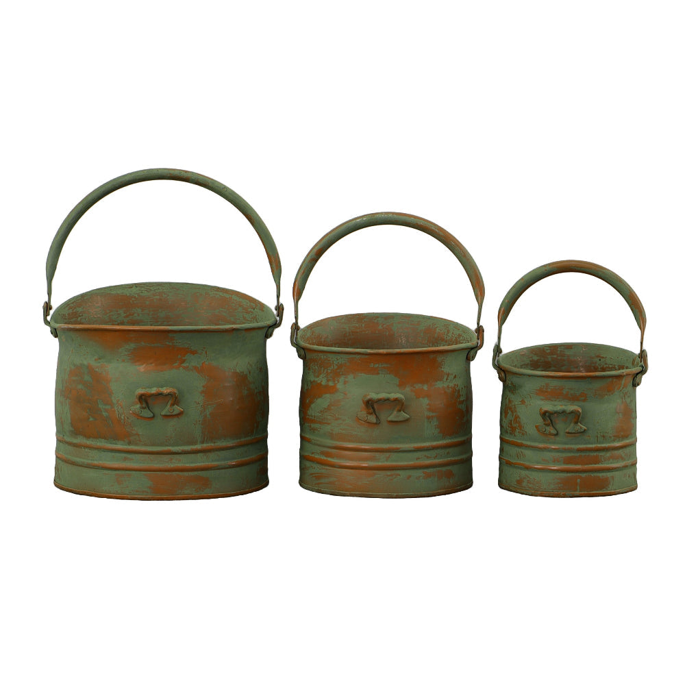 Benzara Tinged Metal Bucket Planter With Handles, Patina Rust Finish, Green, Set of 3