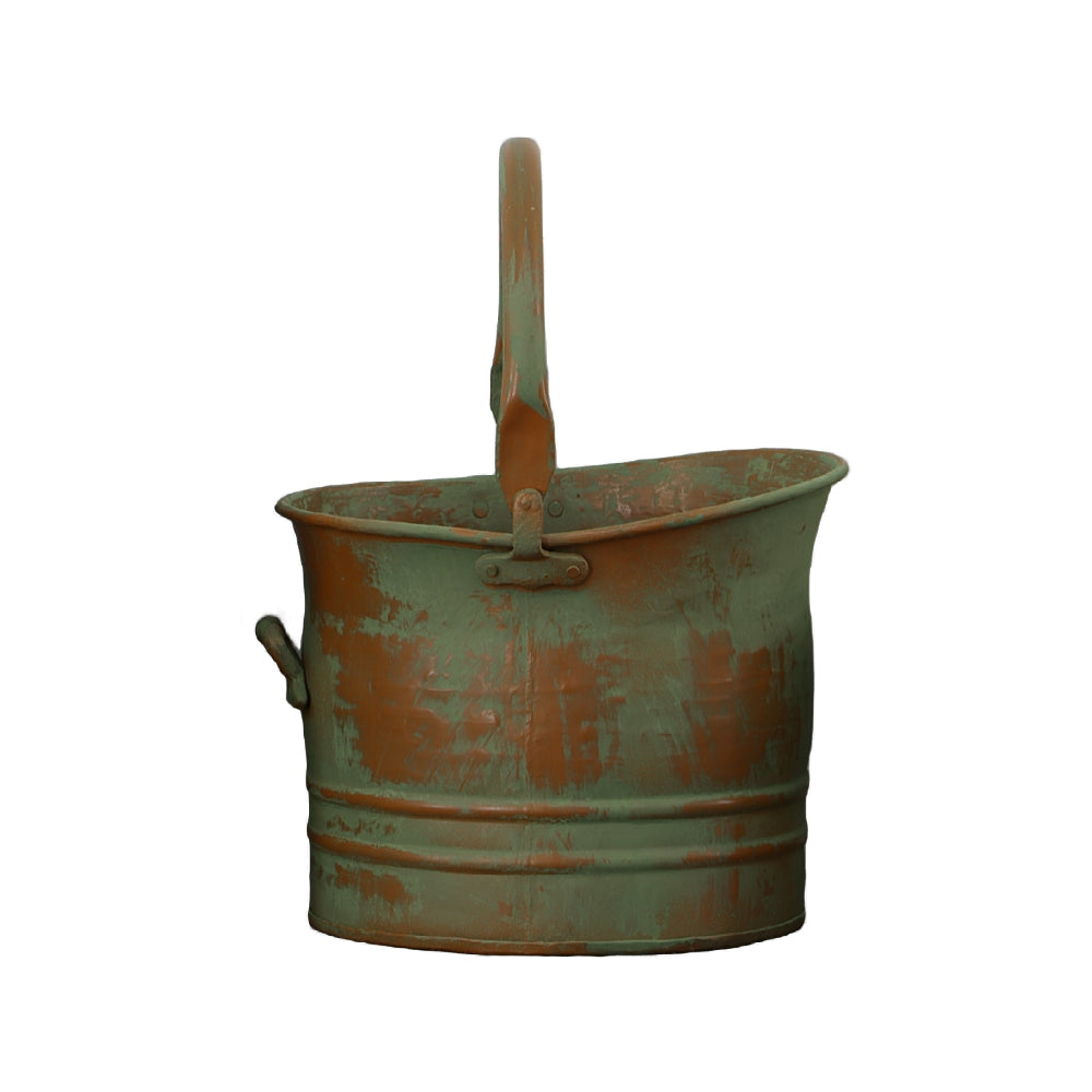 Benzara Tinged Metal Bucket Planter With Handles, Patina Rust Finish, Green, Set of 3