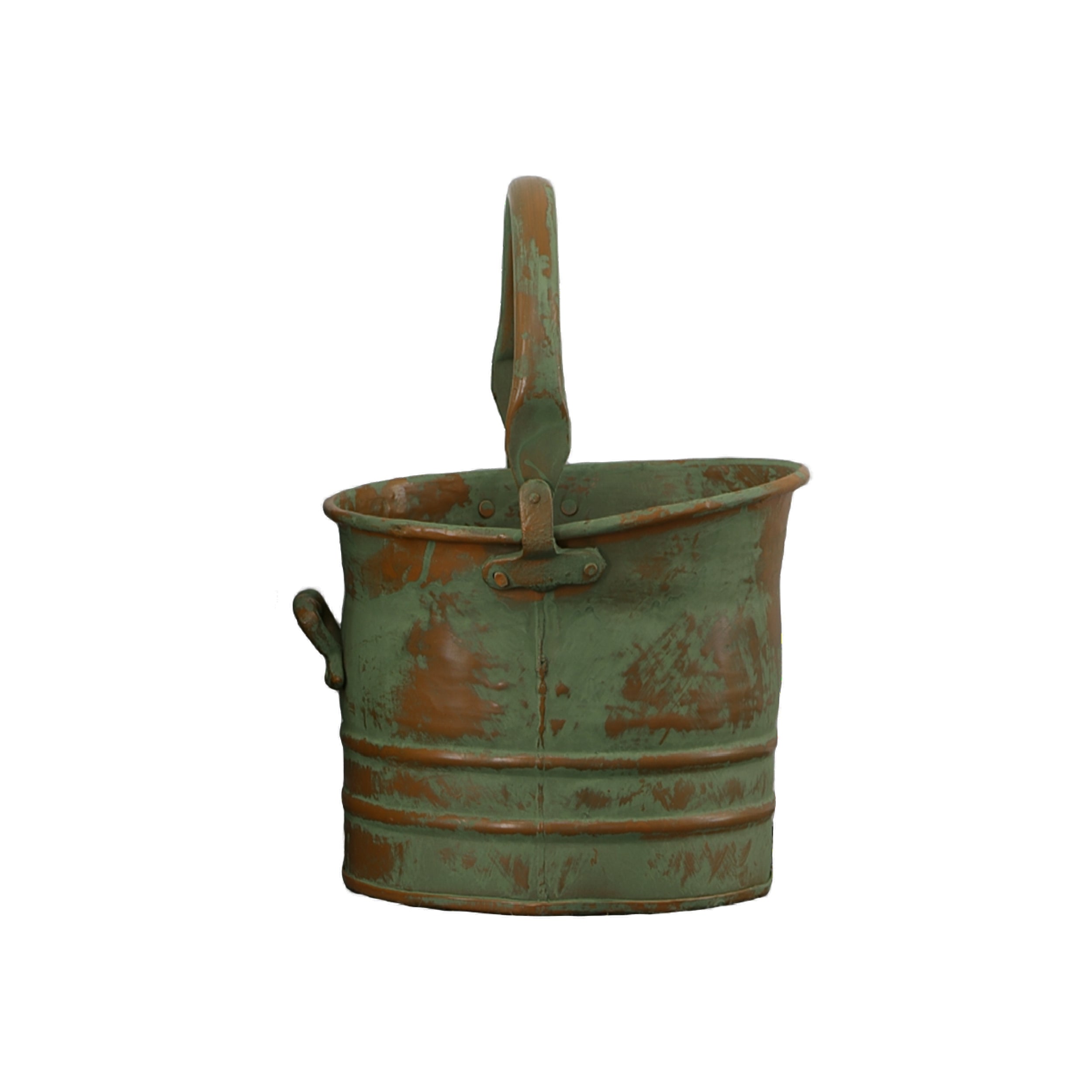Benzara Tinged Metal Bucket Planter With Handles, Patina Rust Finish, Green, Set of 3