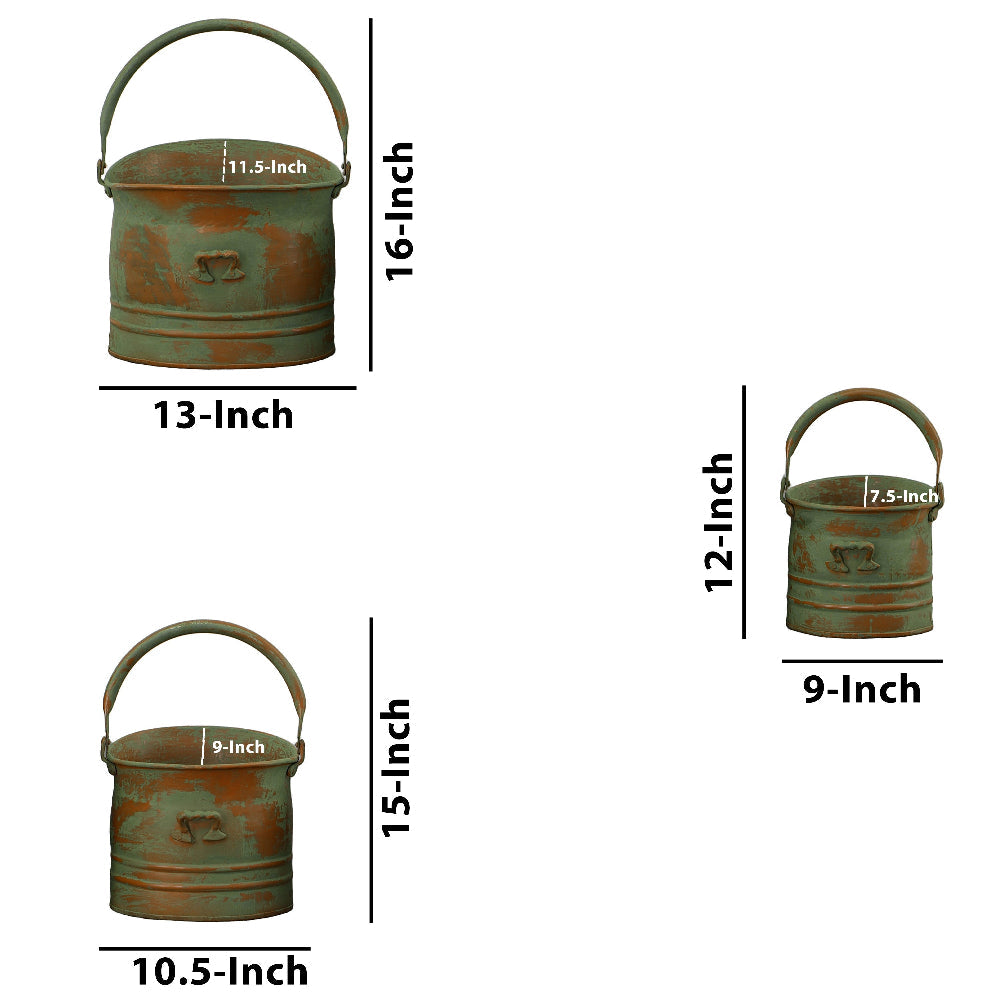Benzara Tinged Metal Bucket Planter With Handles, Patina Rust Finish, Green, Set of 3