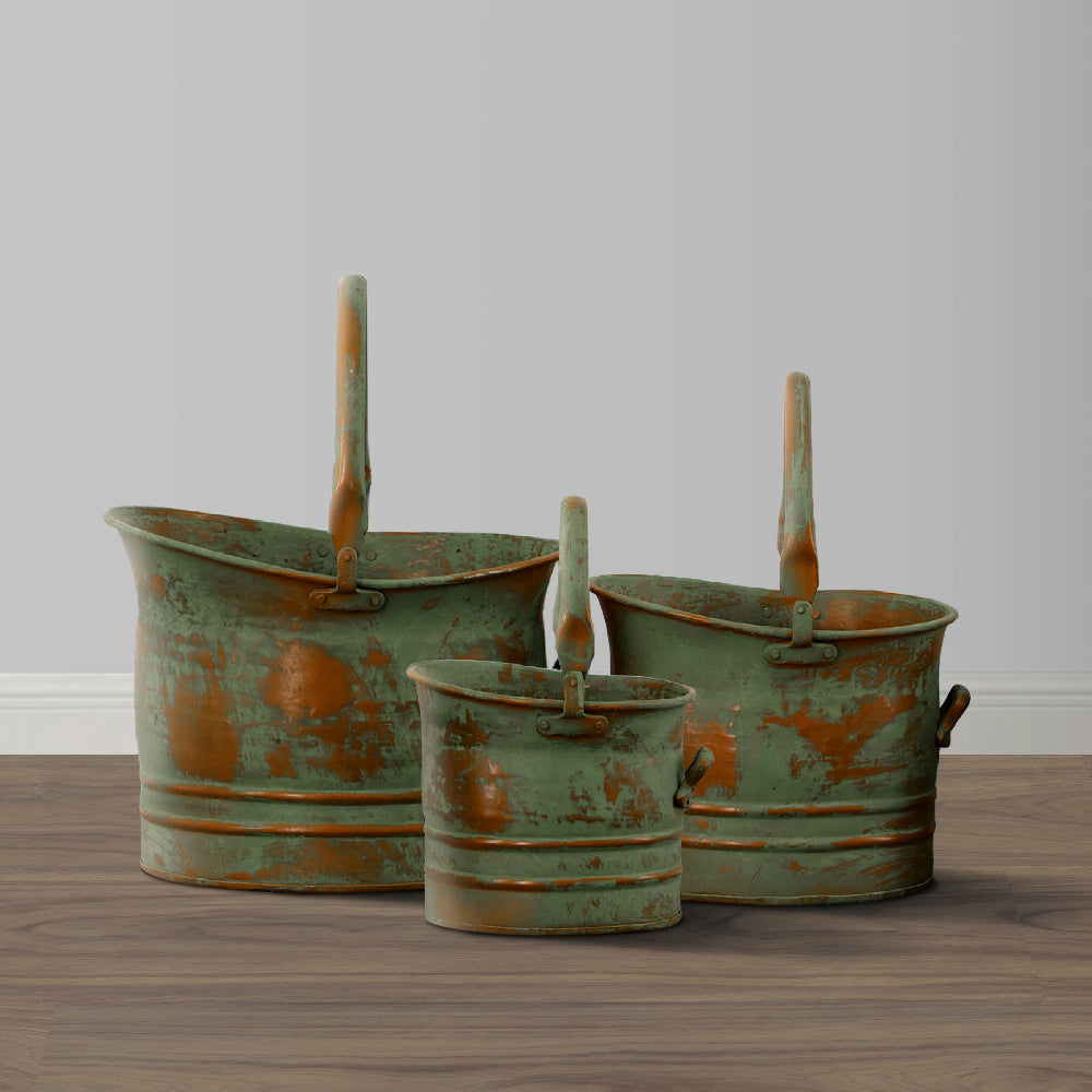 Benzara Tinged Metal Bucket Planter With Handles, Patina Rust Finish, Green, Set of 3