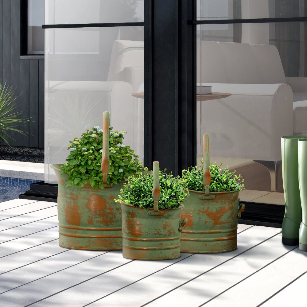 Benzara Tinged Metal Bucket Planter With Handles, Patina Rust Finish, Green, Set of 3