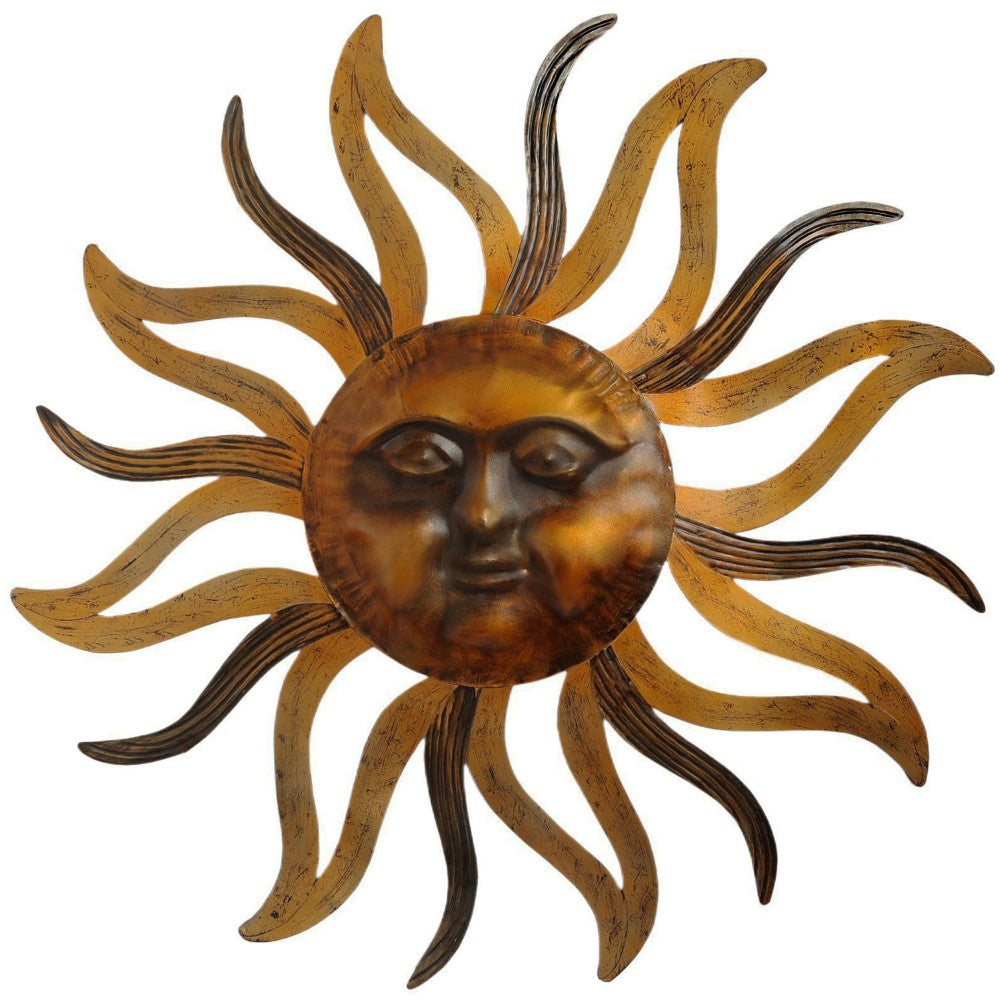 Benjara 35 Inch Round Wall Mounted Sun Face Accent Decor, Carved Rustic Gold And Black Metal