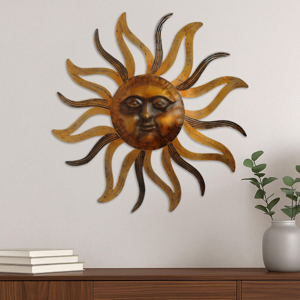 Benjara 35 Inch Round Wall Mounted Sun Face Accent Decor, Carved Rustic Gold And Black Metal