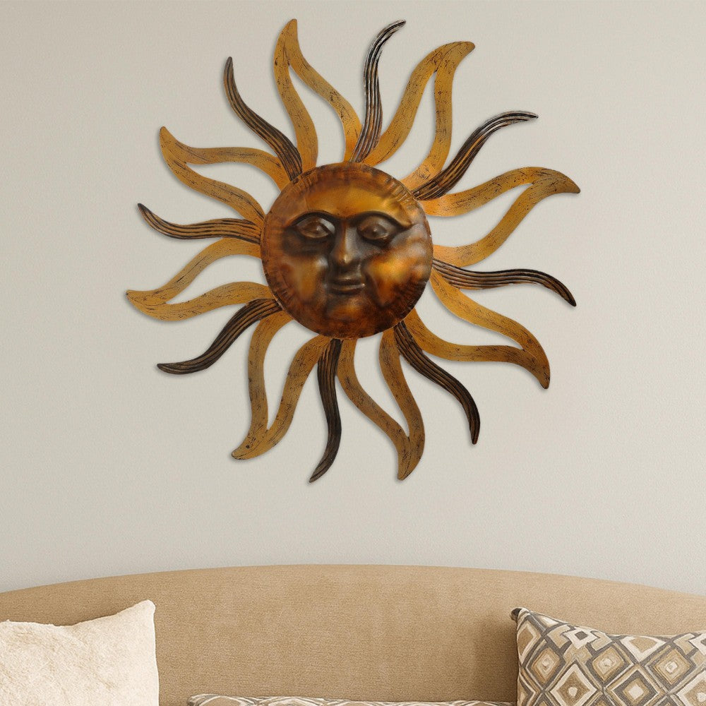 Benjara 35 Inch Round Wall Mounted Sun Face Accent Decor, Carved Rustic Gold And Black Metal