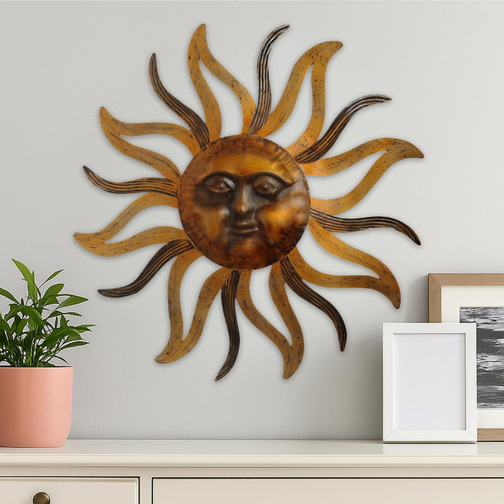 Benjara 35 Inch Round Wall Mounted Sun Face Accent Decor, Carved Rustic Gold And Black Metal