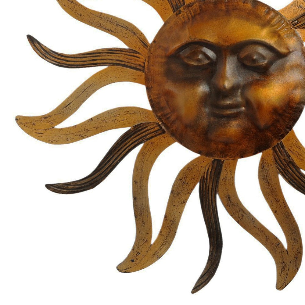 Benjara 35 Inch Round Wall Mounted Sun Face Accent Decor, Carved Rustic Gold And Black Metal
