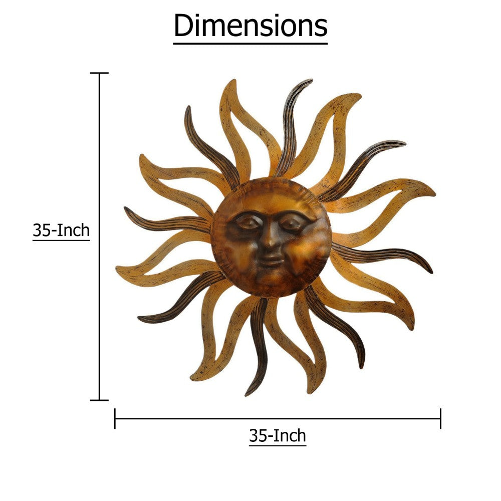 Benjara 35 Inch Round Wall Mounted Sun Face Accent Decor, Carved Rustic Gold And Black Metal