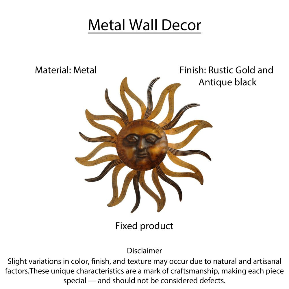 Benjara 35 Inch Round Wall Mounted Sun Face Accent Decor, Carved Rustic Gold And Black Metal